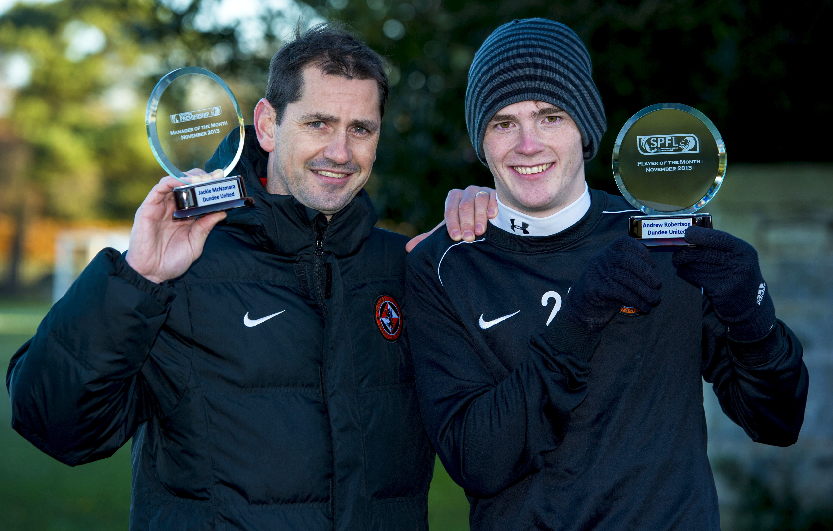 Jackie McNamara (left) with Andrew Robertson after they were awarded the SPFL Scottish Championship Manager and Player of the Month awards respectively in December 2013 while at Dundee United. Robertson is a rare example of a Scottish player who has made a success of life in England.