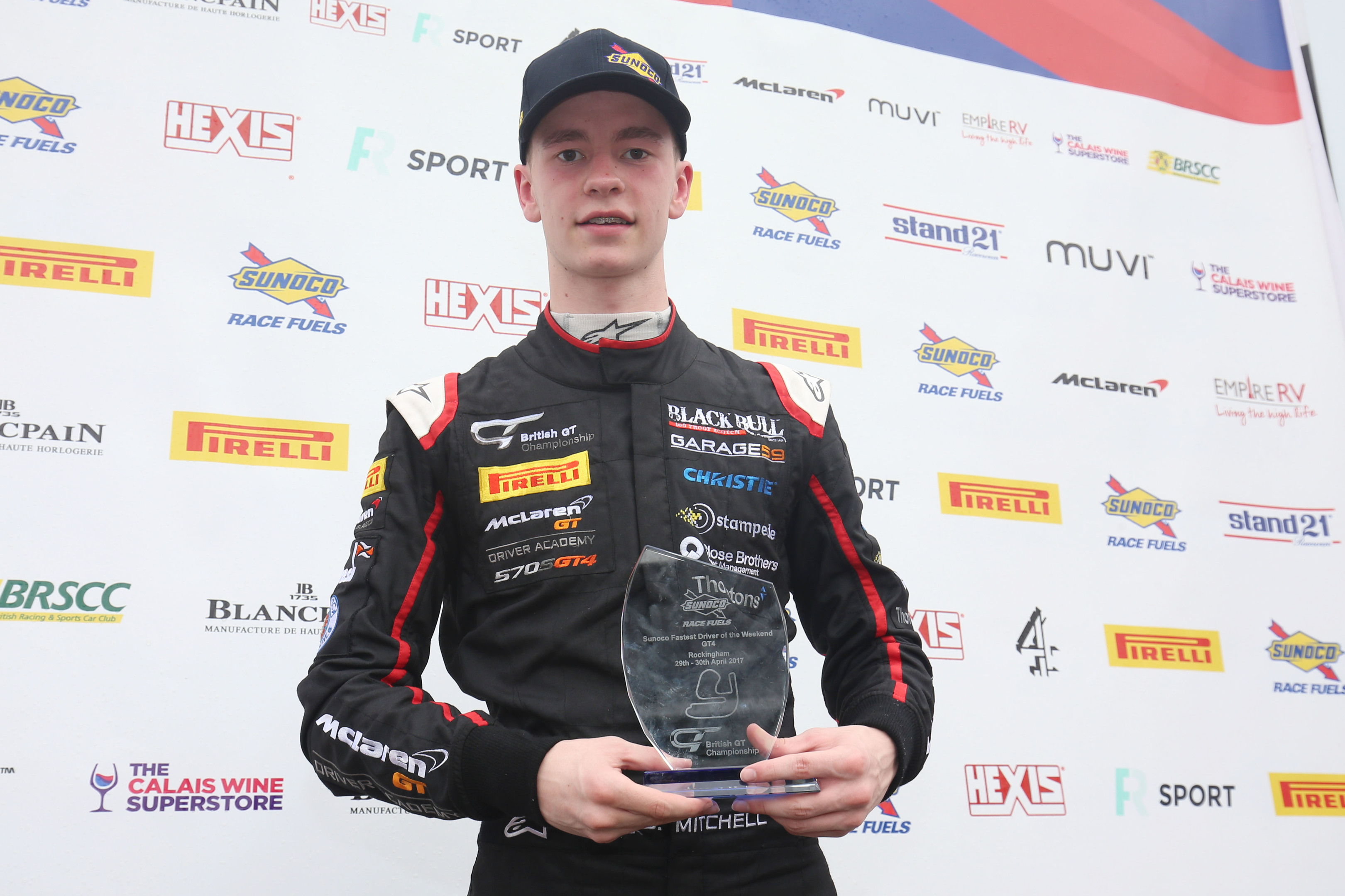 Sandy Mitchell with his GT4 fastest lap award at Rockingham.