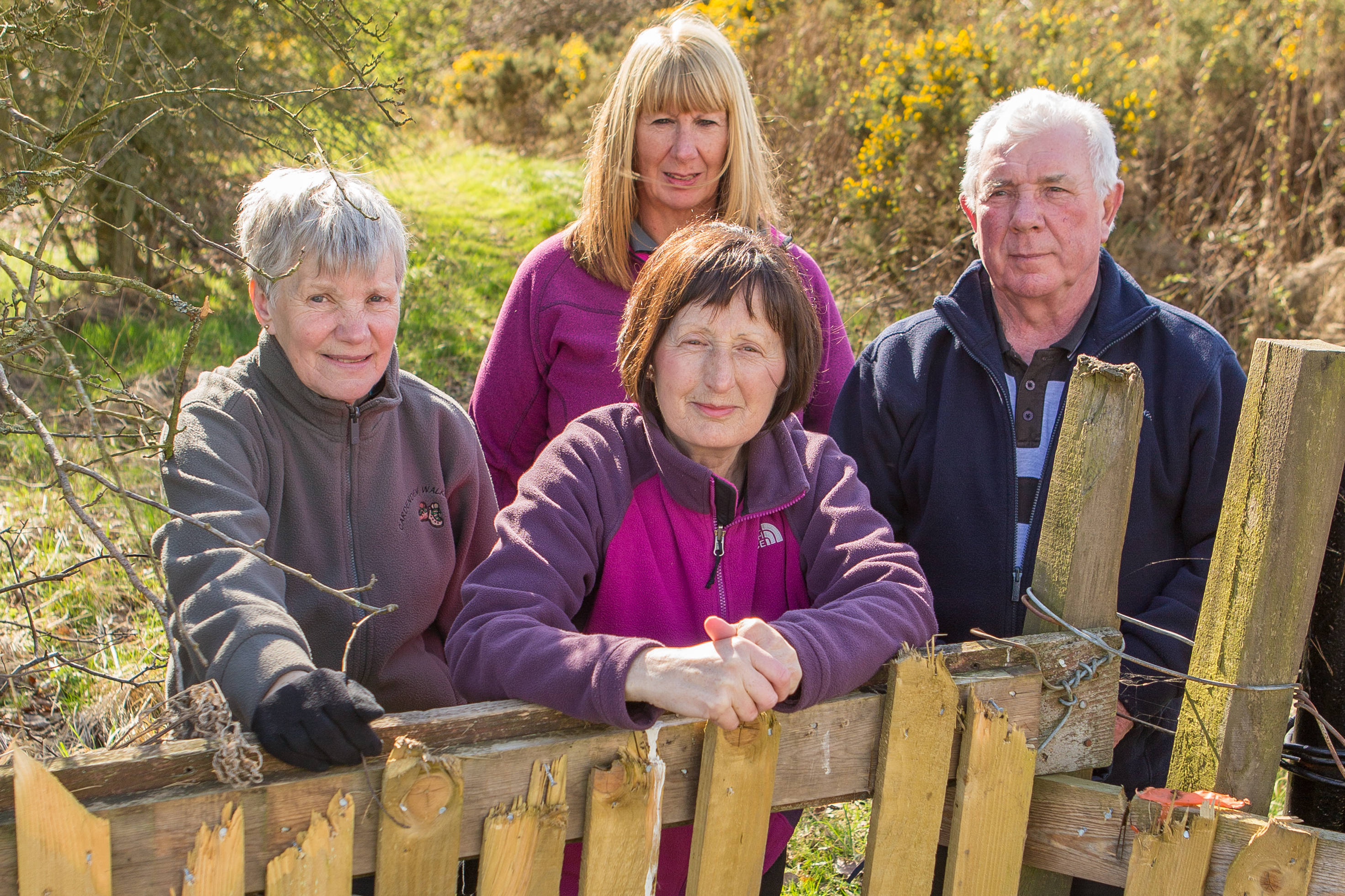 Ramblers  Alison Matthews (back), Elaine Collins, Brian Clark and  Mary Slaven (front)  at the blockage on the core path in April. The path has since been reopened.