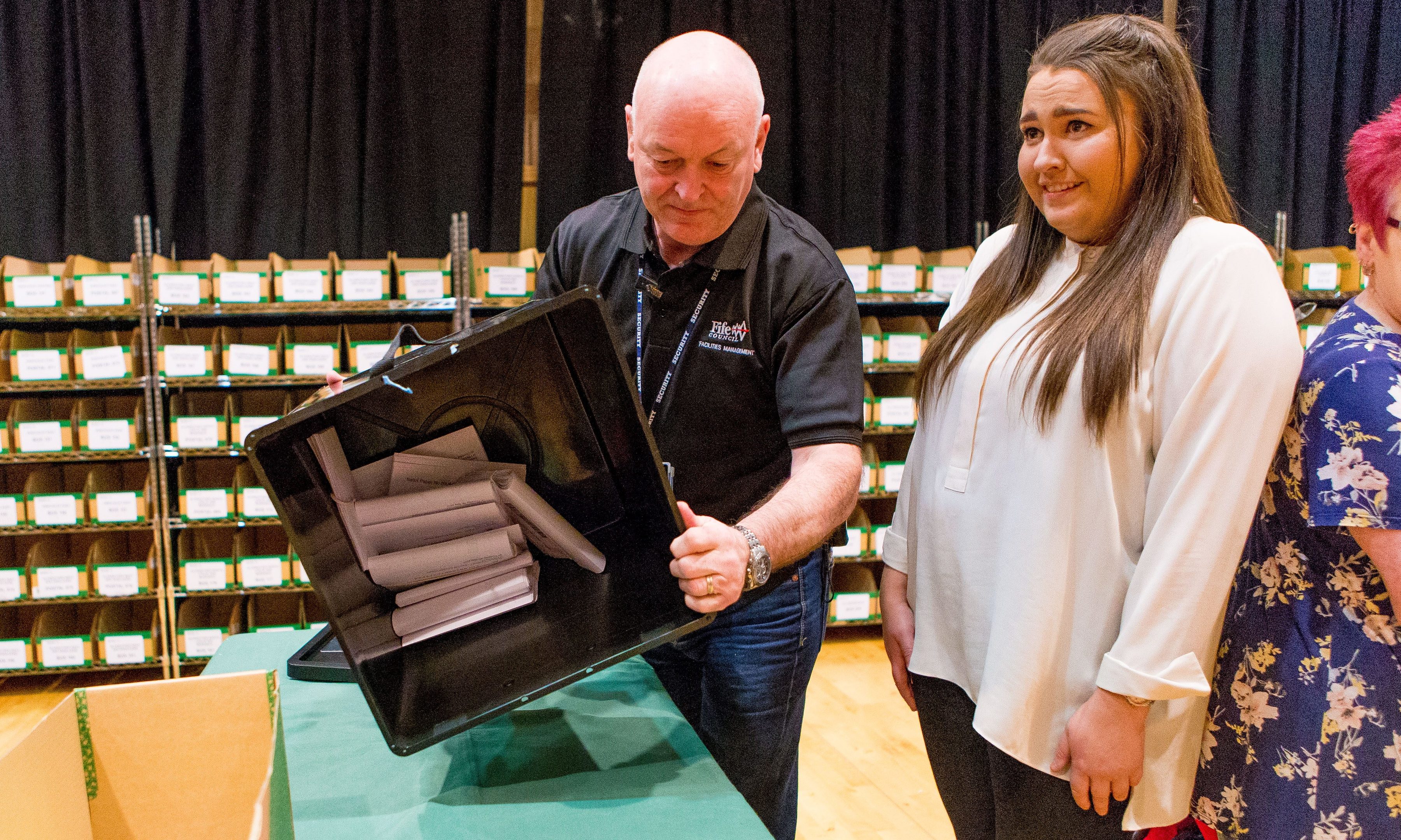 The first ballot box being opened at Rothes Halls in Glenrothes.