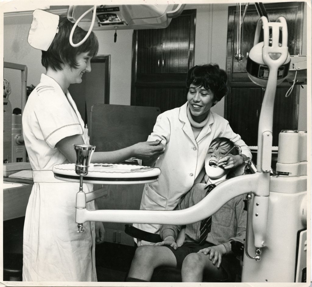 A young patient receives attention in the new premises of the Dundee Dental Hospital, University of Dundee. 12 September 1968. 