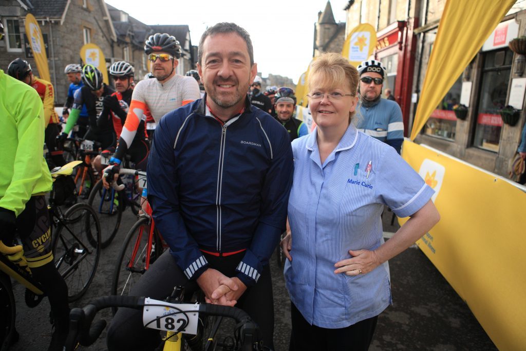 Chris Boardman at the start line with Marie Curie nurse Heather Inglis.