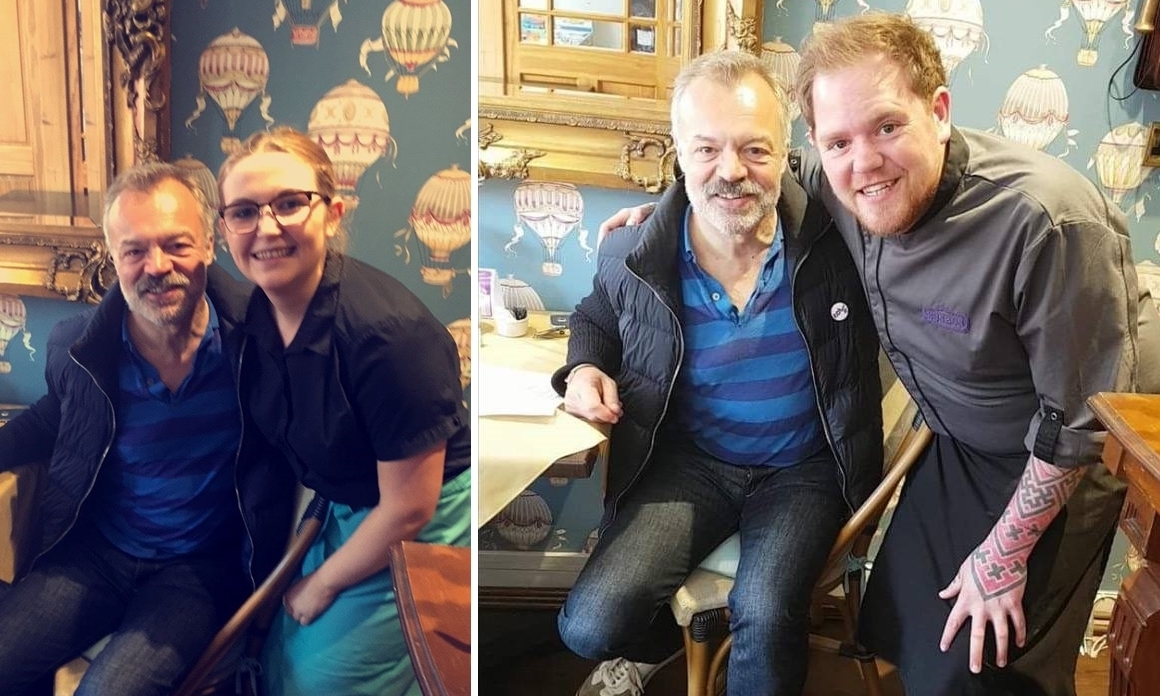 Graham Norton meeting staff at Bon Bon in Arbroath.