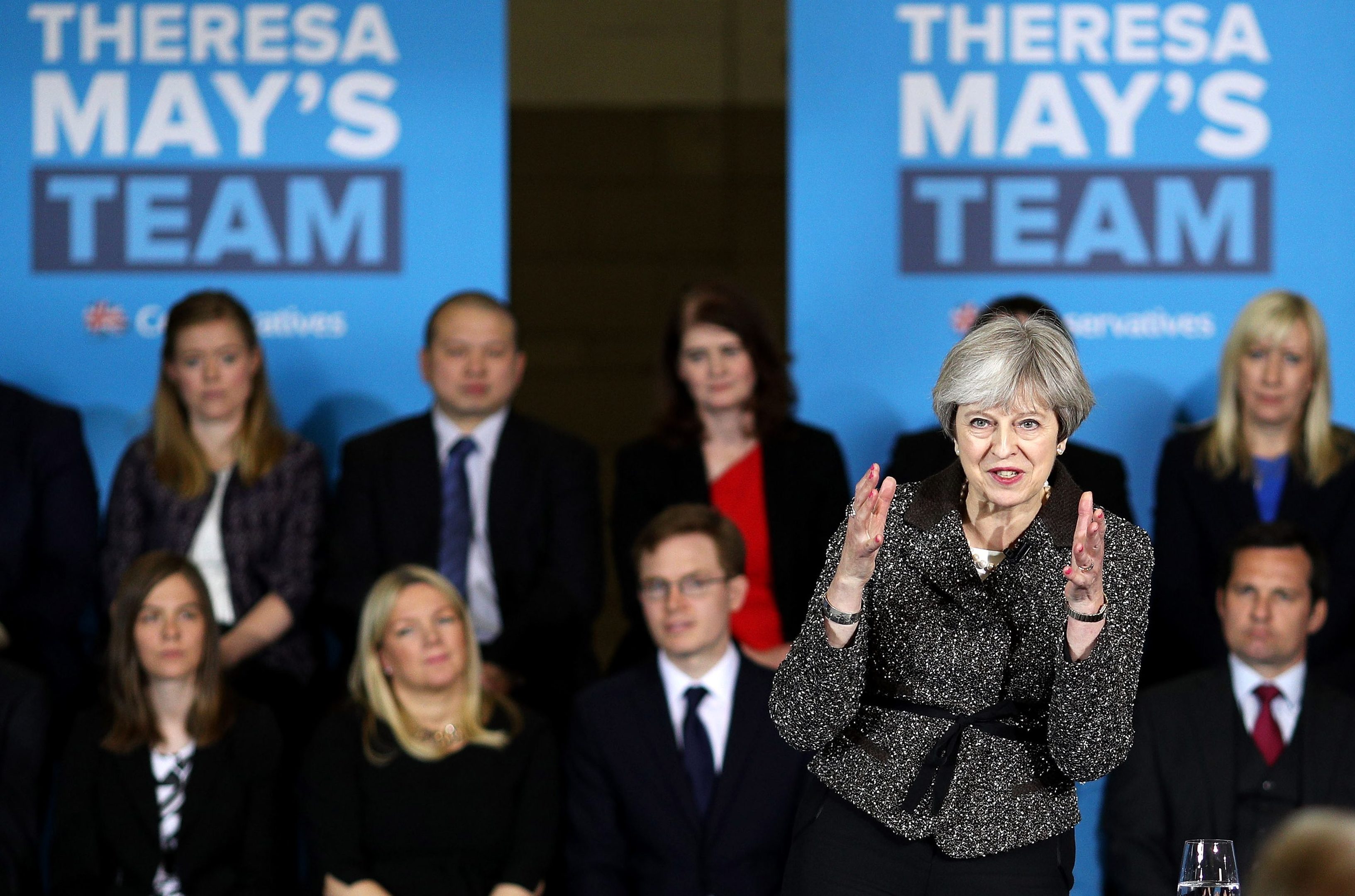 Prime Minister, Theresa May delivers a speech to activists, journalists and business leaders at York Barbican while campaigning in Yorkshire on May 9. Now FSB is calling for cheaper business costs.