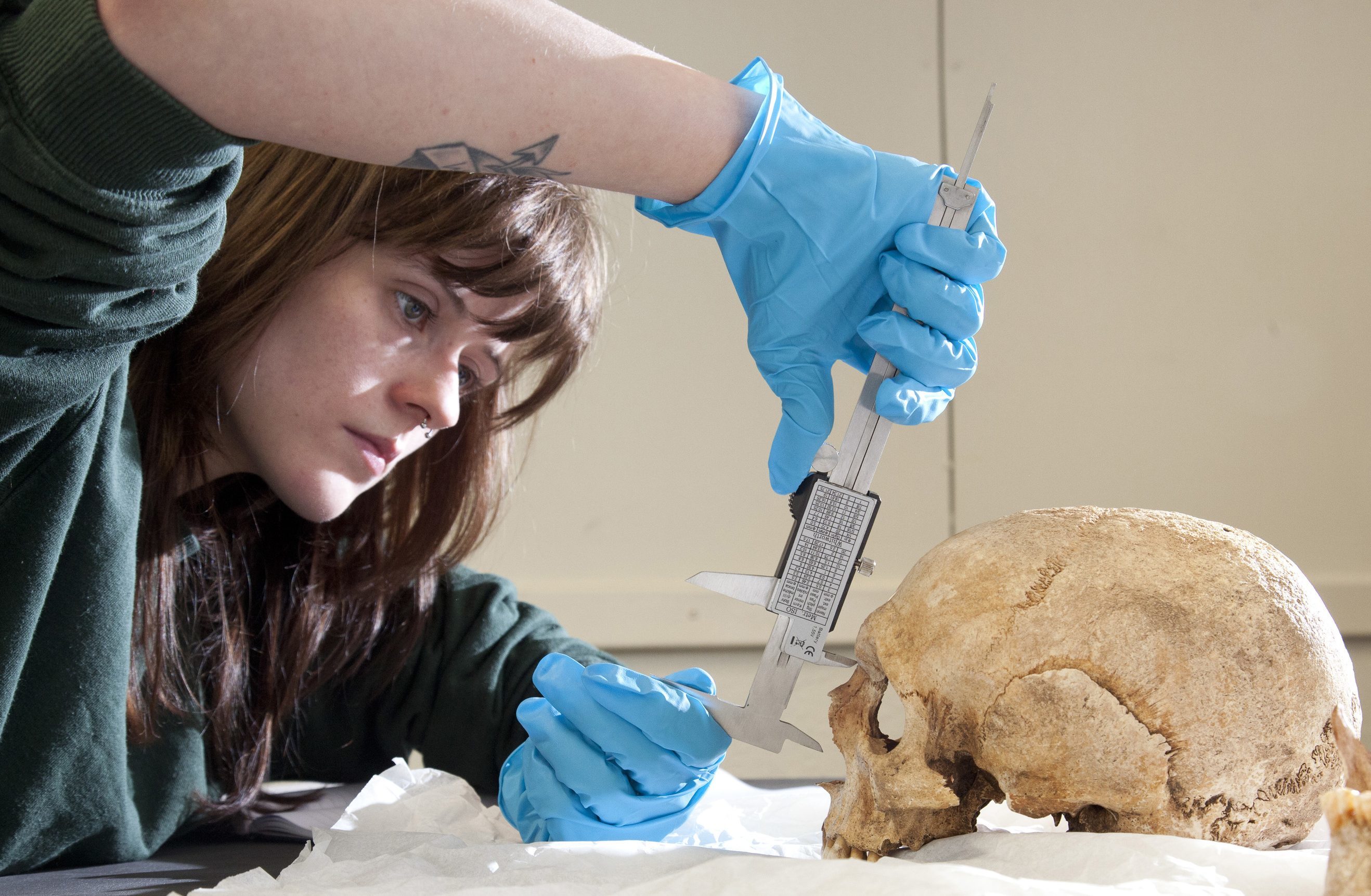 Forensic artist Hayley Fisher measuring up an artefact for a 2-D facial reconstruction of the face of a Pict.