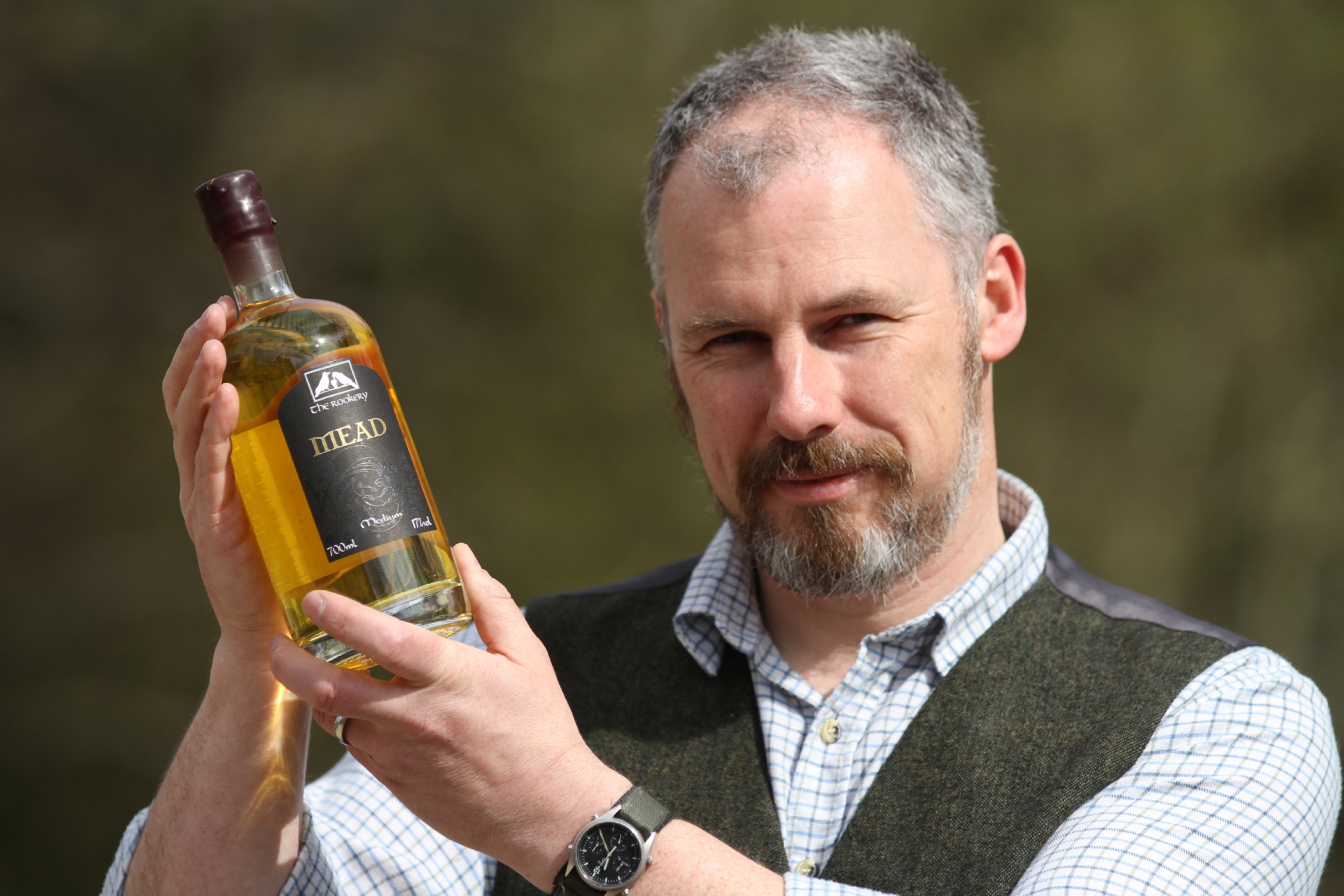 Christopher Mullin with a bottle of his mead, brewed at The Rookery in Blairgowrie.