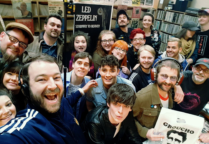 The Schemers crew filming in Groucho's in Dundee.