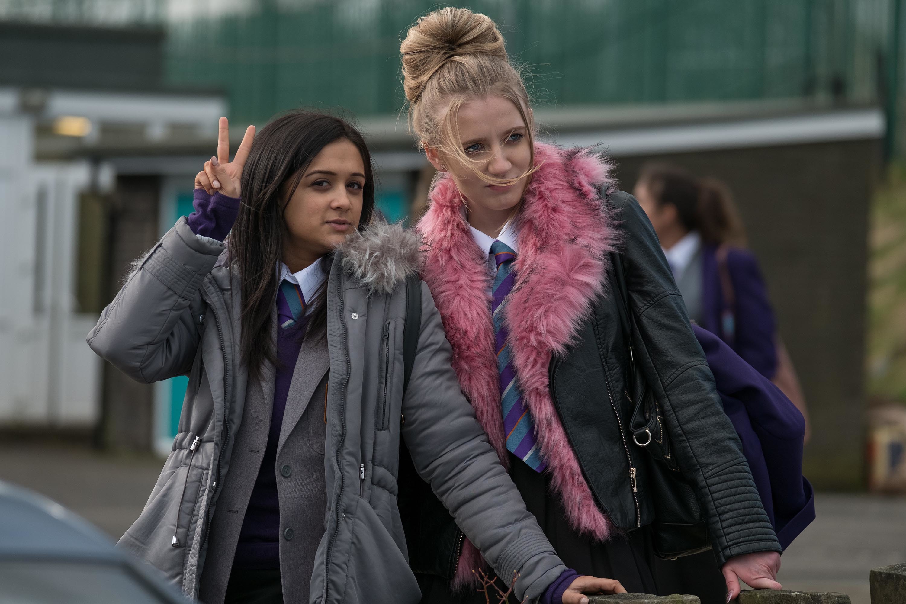 Amy Leigh Hickman as Nasreen Paracha and Poppy Lee Friar as Missy Booth in Ackley Bridge.