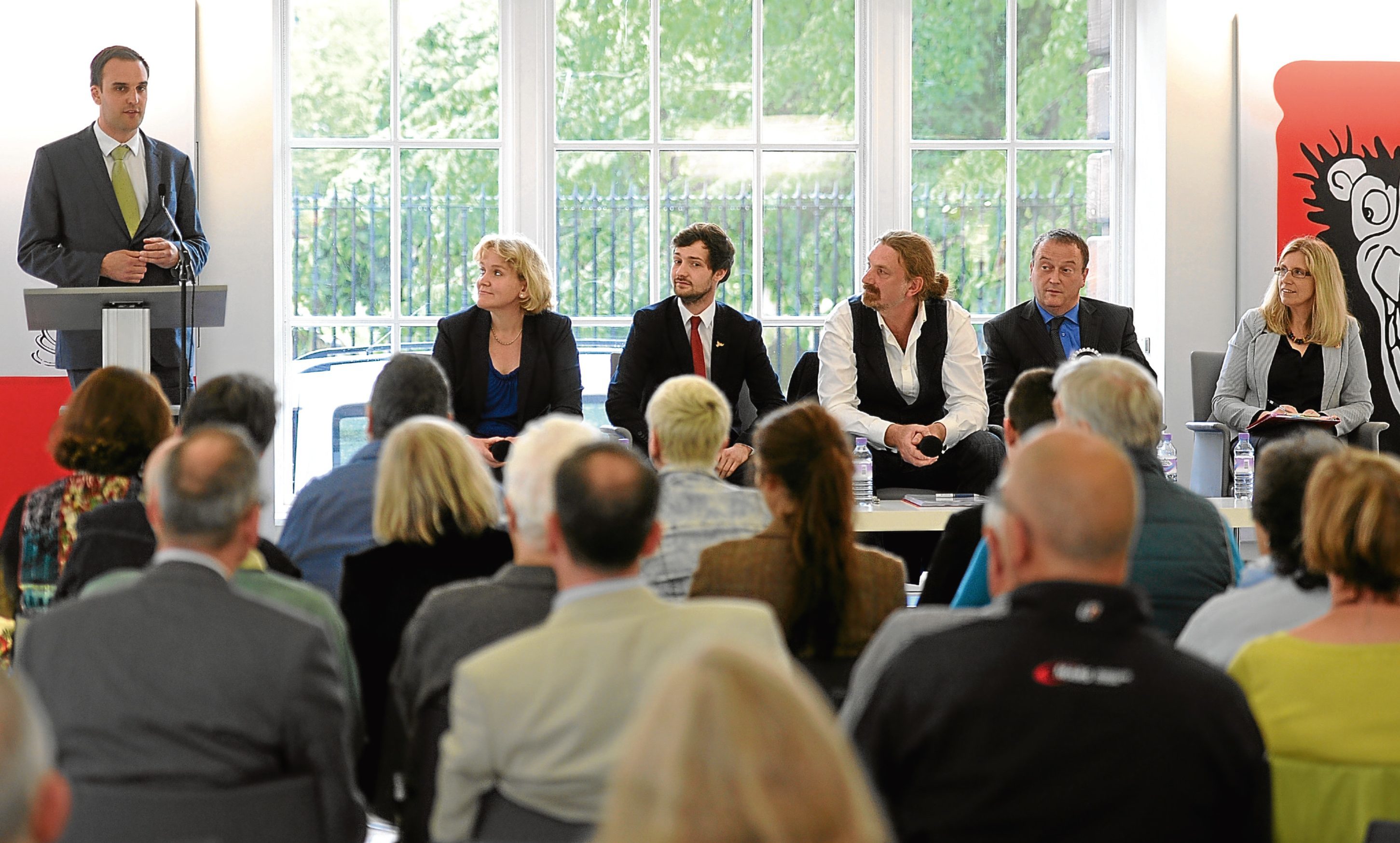 Courier political editor Kieran Andrews (left) chairing the debate with (from left) Eleanor Price (Conservatives), Chris McIntyre (Liberal Democrats), Chris Law (SNP), Sean Dobson (Independent) and Lesley Brennan (Labour).