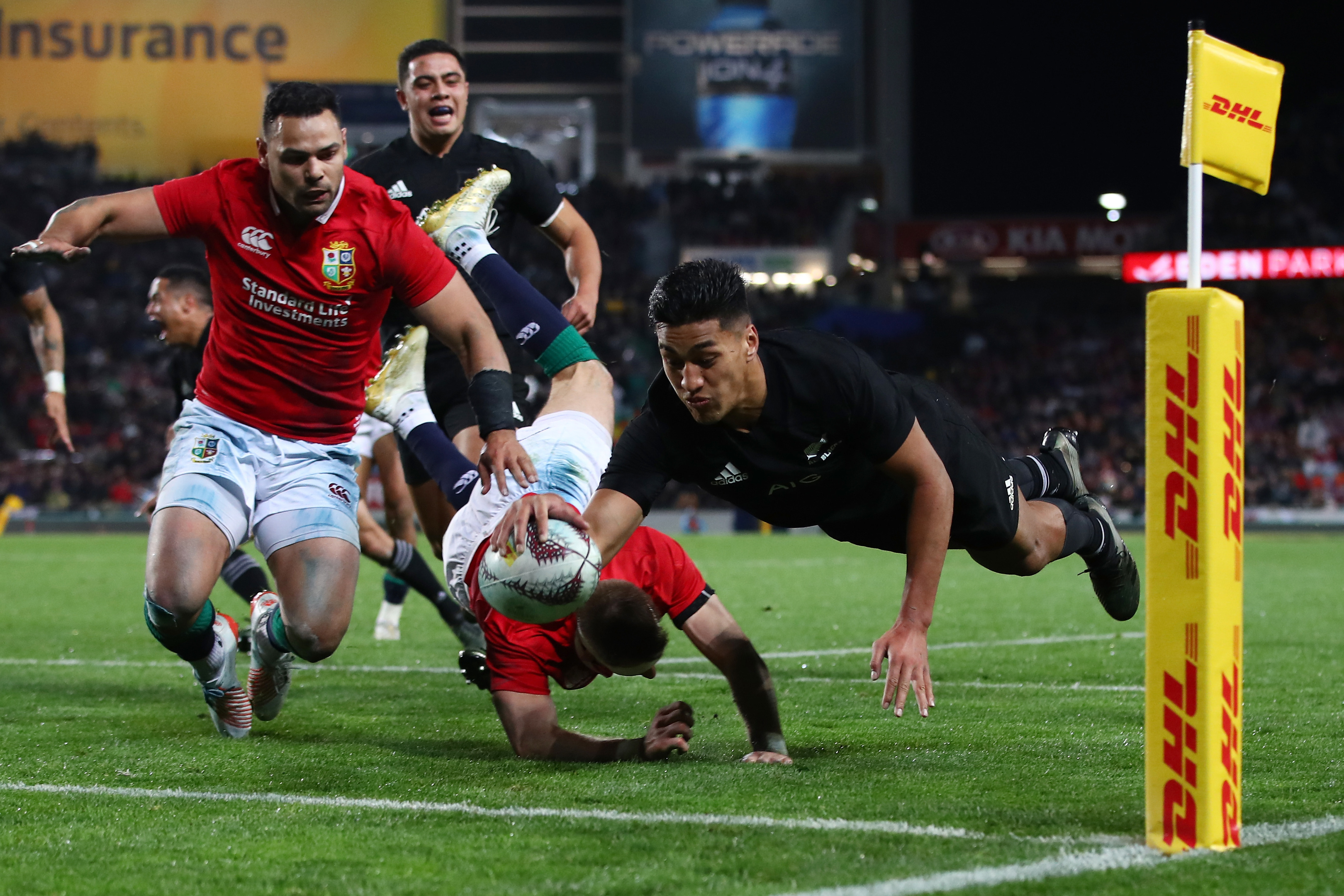 Rieko Ioane dives over to score New Zealand's second try in the first test.