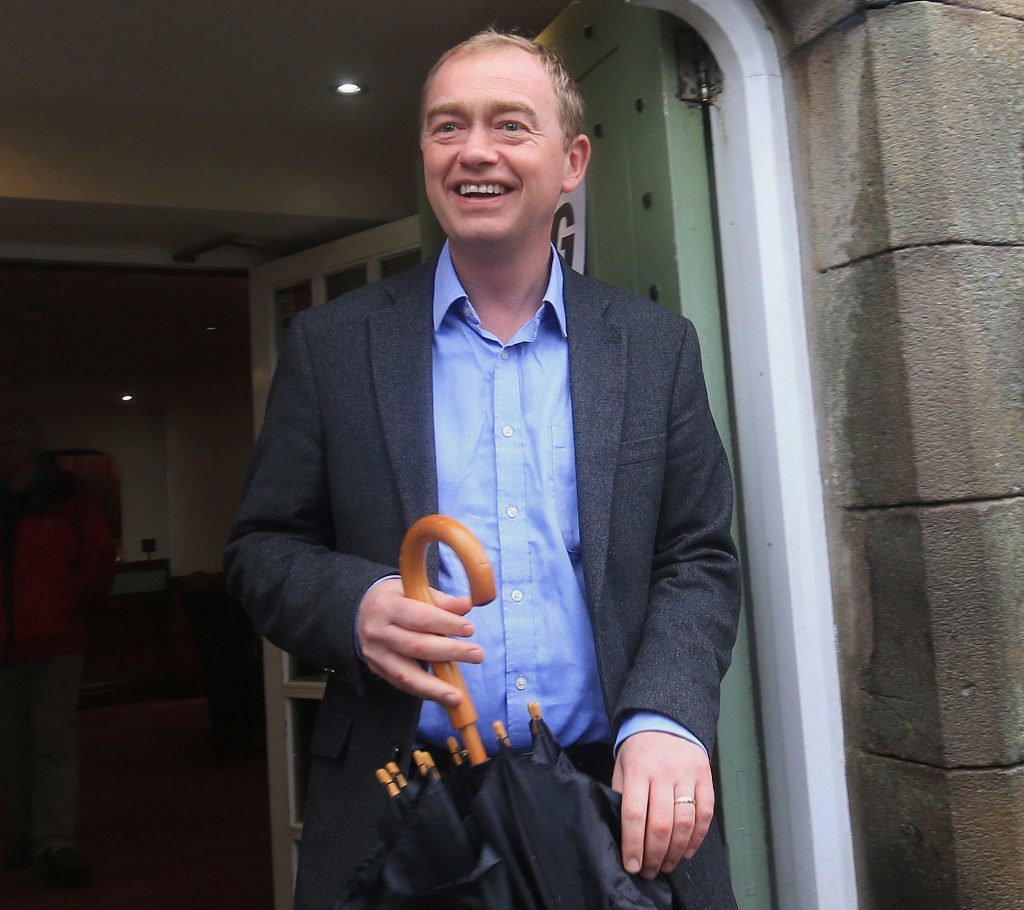 Liberal Democrats leader Tim Farron outside a polling station at Stonecross Manor Hotel in Kendal, Cumbria.