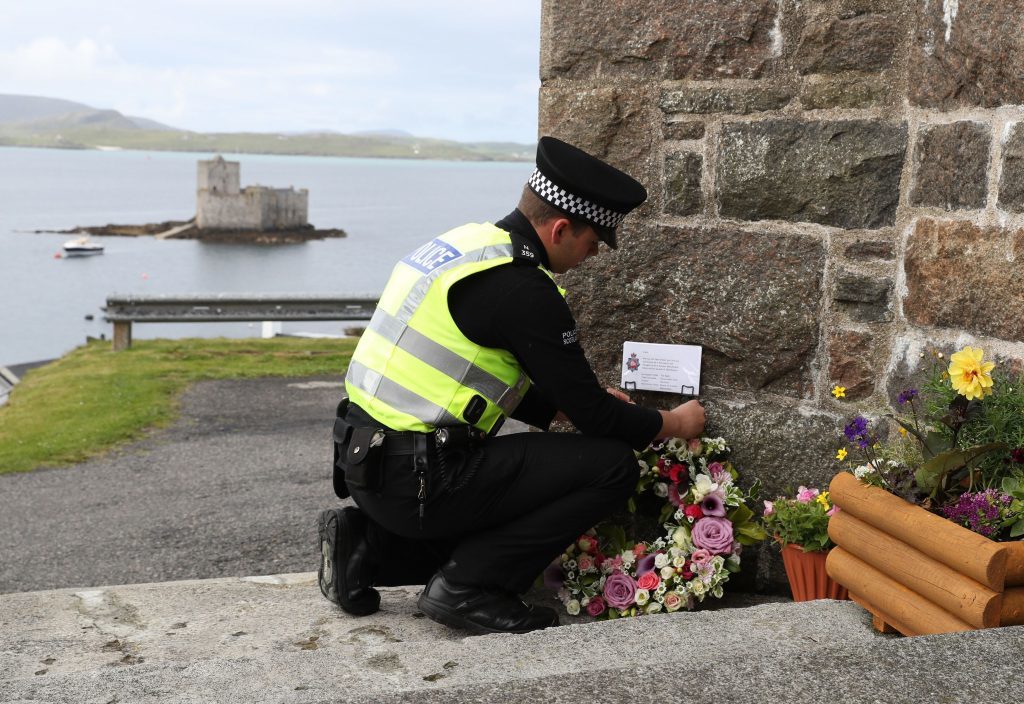The flowers being laid outside the Church of Our Lady, Star of the Sea, in Castlebay on the island of Barra, ahead of the funeral of Manchester bomb victim Eilidh MacLeod.