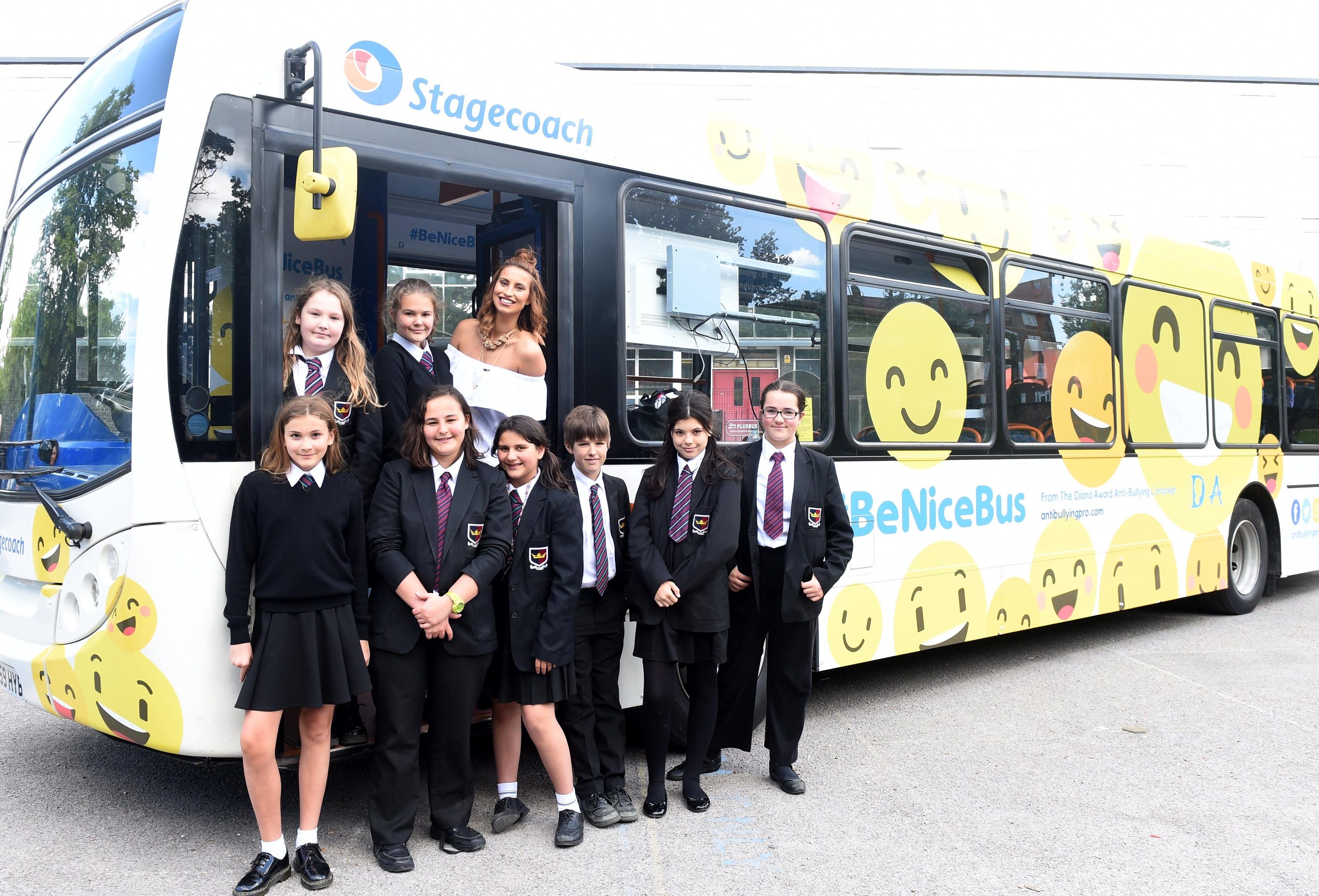 The launch of the UK’s first and only anti-bullying #BeNiceBus with The Diana Award and Stagecoach, held at Kingsdale Foundation School, Alleyn Park, London.
TV presenter  Ferne McCann is pictured with teenagers