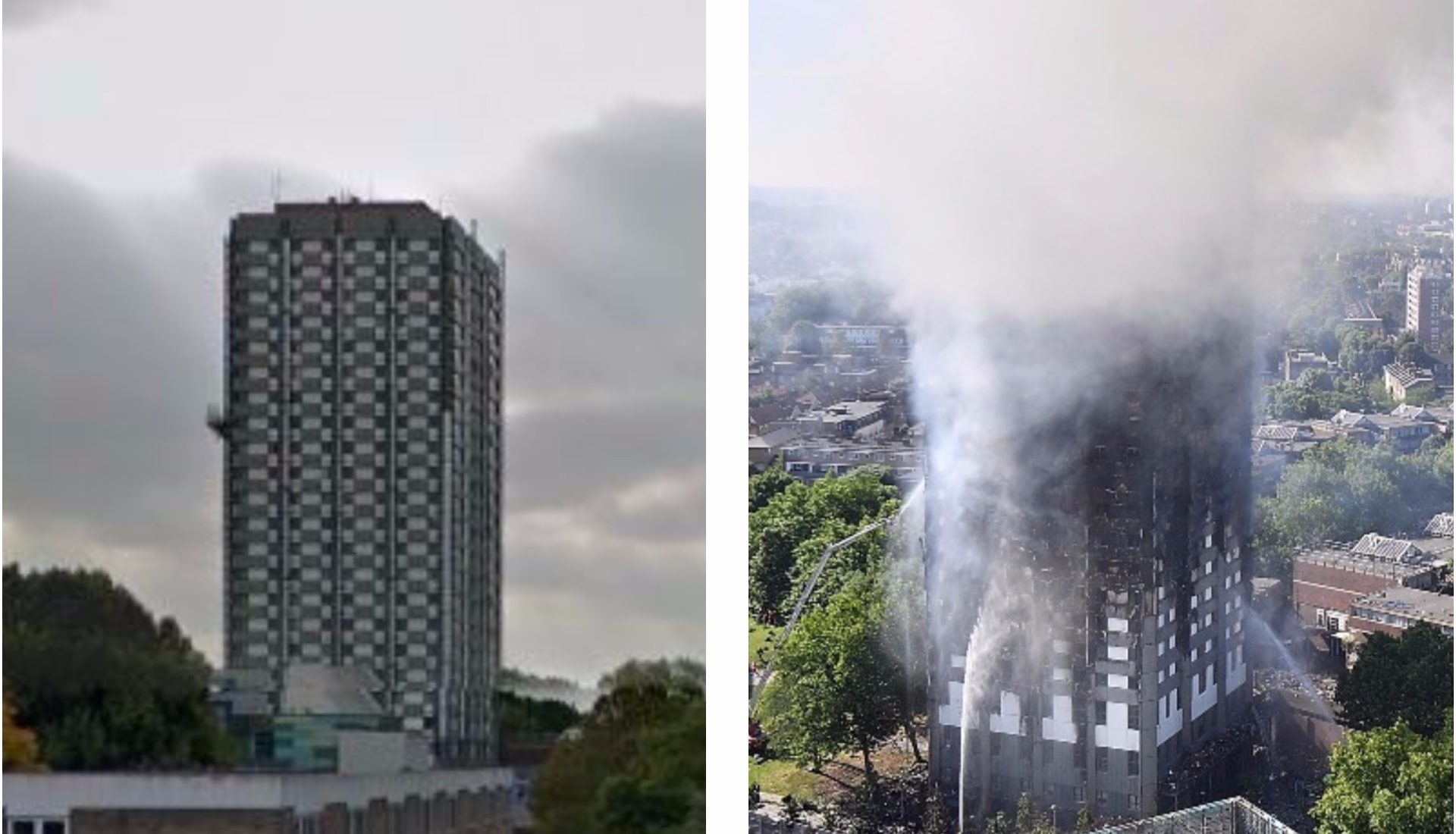 Grenfell tower before and after the blaze.