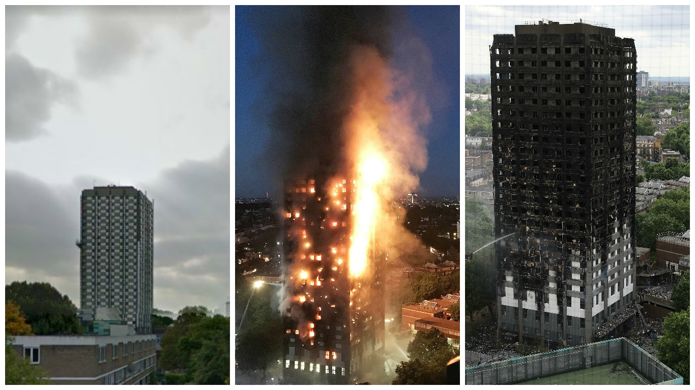 Grenfell Tower before, during and after the blaze.