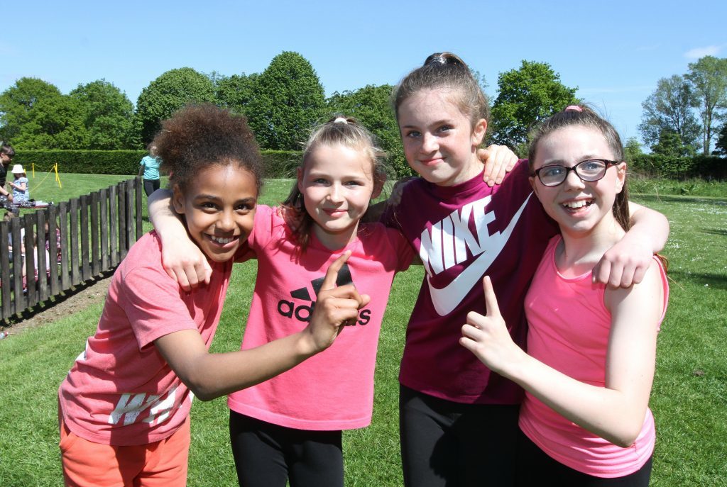 P6 girls 4 x 100m relay winners are Yama Bayo, Sophie Miller,Makayla Forbes and Melissa Morris from Ancrum Road Primary.