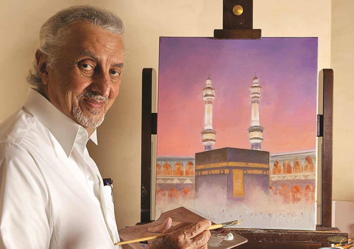 HRH Prince Khaled Al Faisal, Governor of Mecca of Saudi Arabia, with one of his paintings.