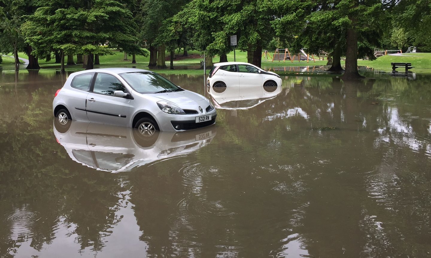 Cars in the deep in the car park of the Bell's sports centre at the North Inch.
