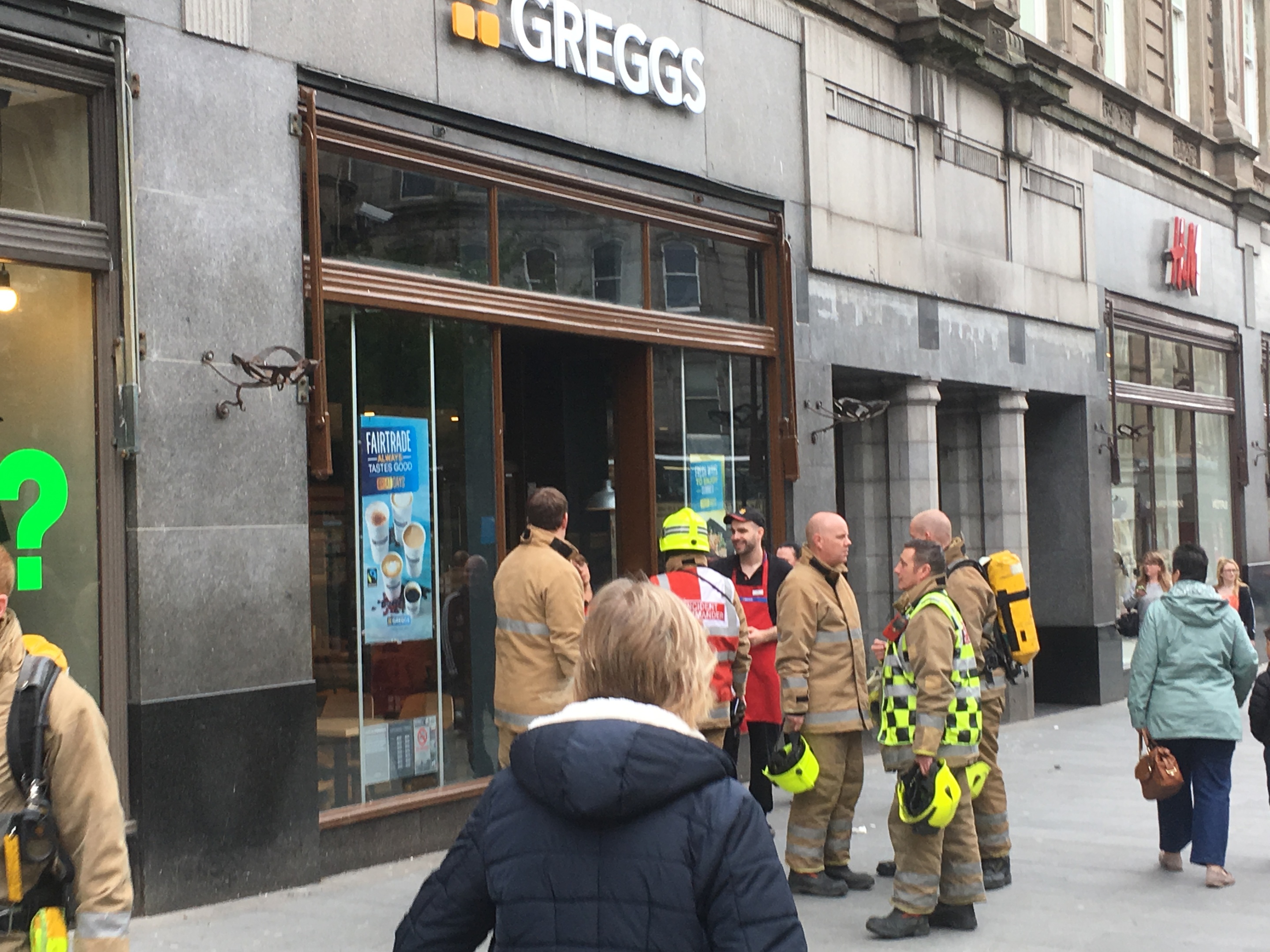 Firefighters outside Greggs in Dundee City Centre