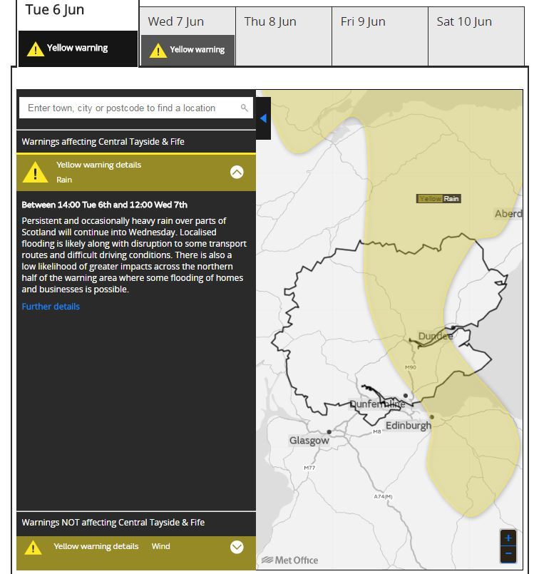 The Met office warning for Tayside and Fife.