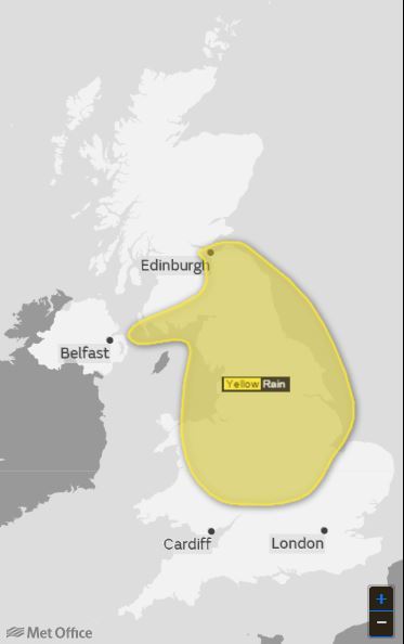 The area forecast to be hit by the severe weather by the Met Office.
