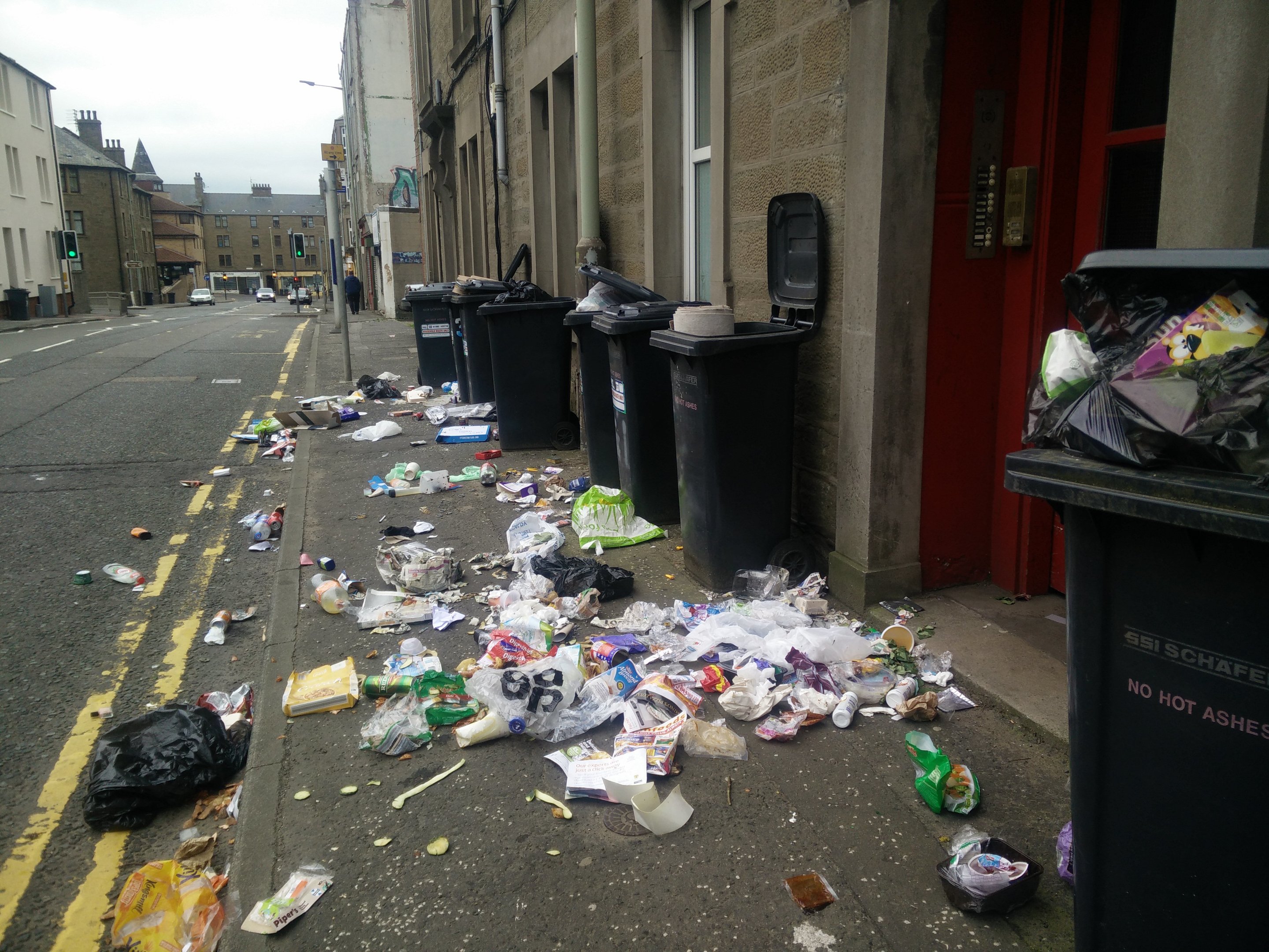 The contents of around a dozen bins were emptied onto the pavement