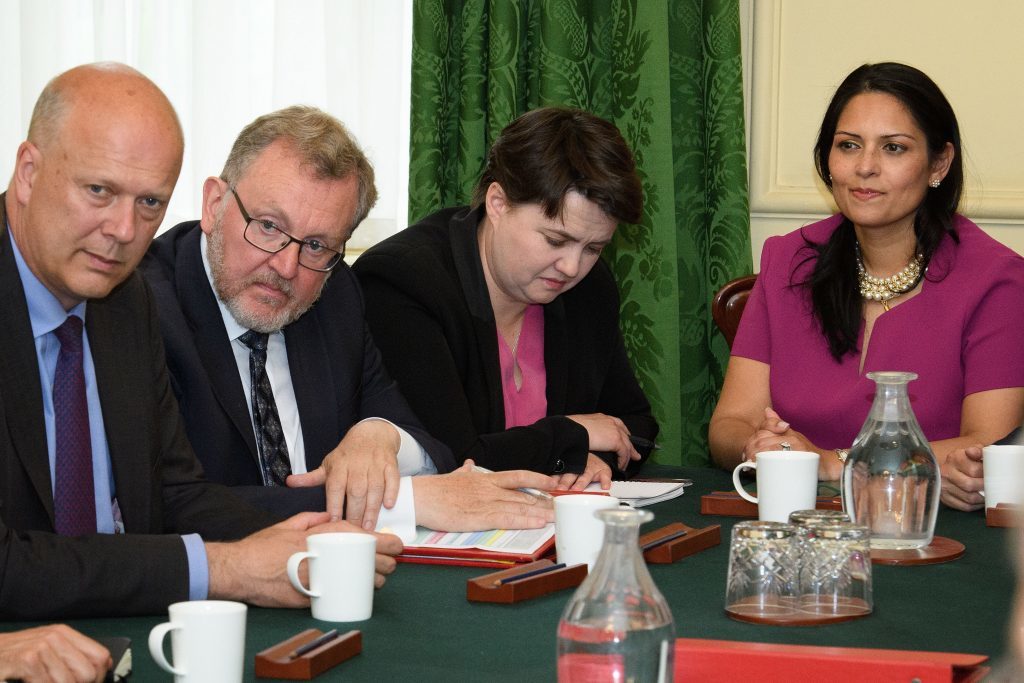 Ruth Davidson listens as Prime Minister Theresa May holds the first Cabinet meeting since the general election.