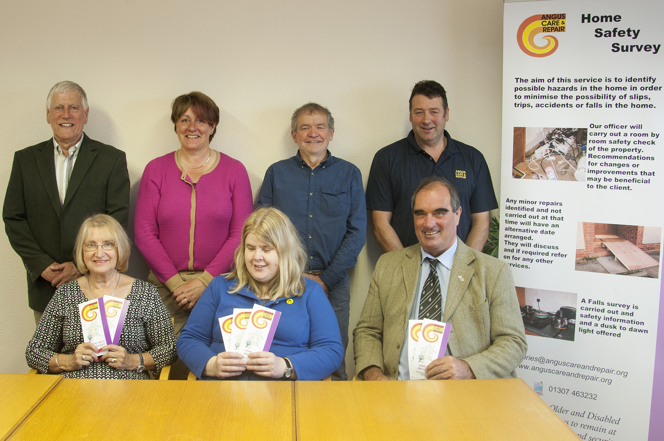 Members of the Angus Care and Repair board. Back (l-r) Jim Johnstone (chairman), Judith Leslie (manager) Calum McNicoll (vice chair) John Ness. Front (l-r) Margaret Mitchell MBE, Councillor Sheila Hands and Councillor Gavin Nicol.