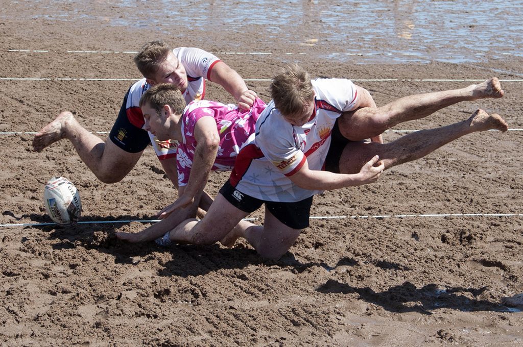 Teams taking part in the beach rugby event in Carnoustie.