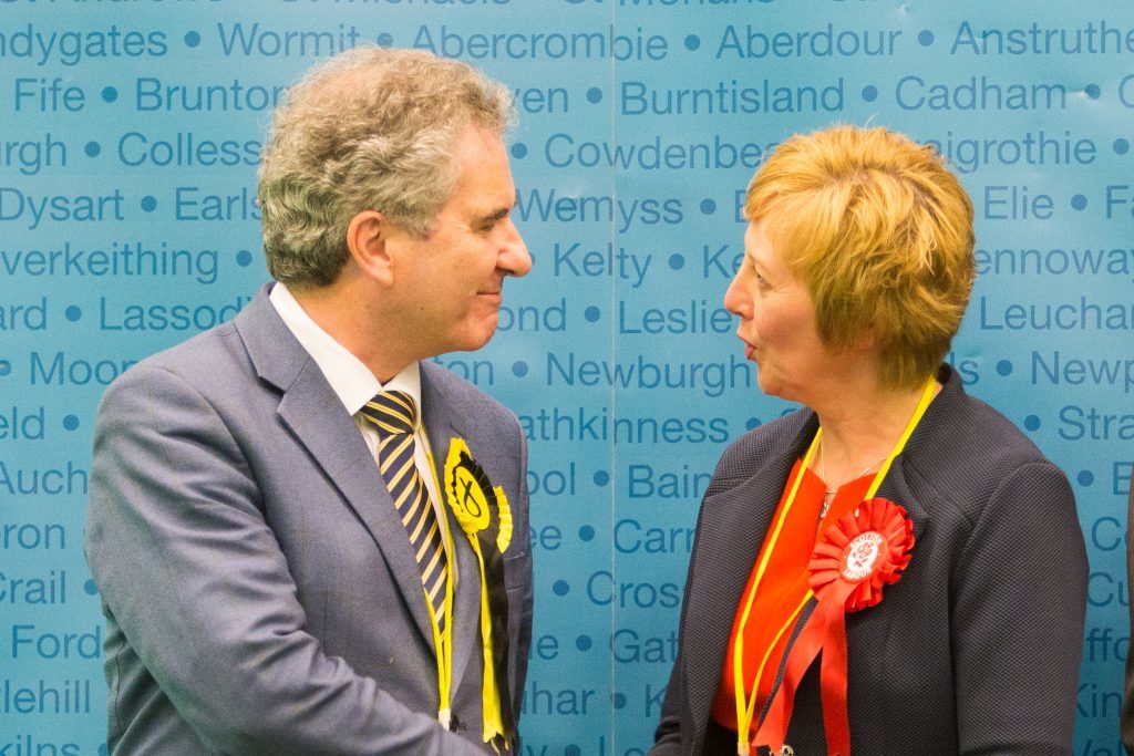Ousted Roger Mullin congratulates Lesley Laird on her win.