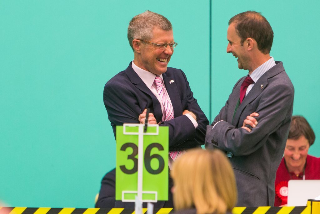 Willie Rennie (Lib Dem) shares a joke with Stephen Gethins (SNP) despite the tension at the count at the Michael Woods Centre in Glenrothes.