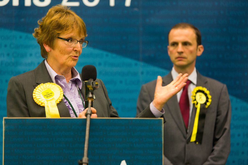 Elizabeth Riches and Stephen Gethins on stage at the count in Glenrothes in the early hours of Friday morning.