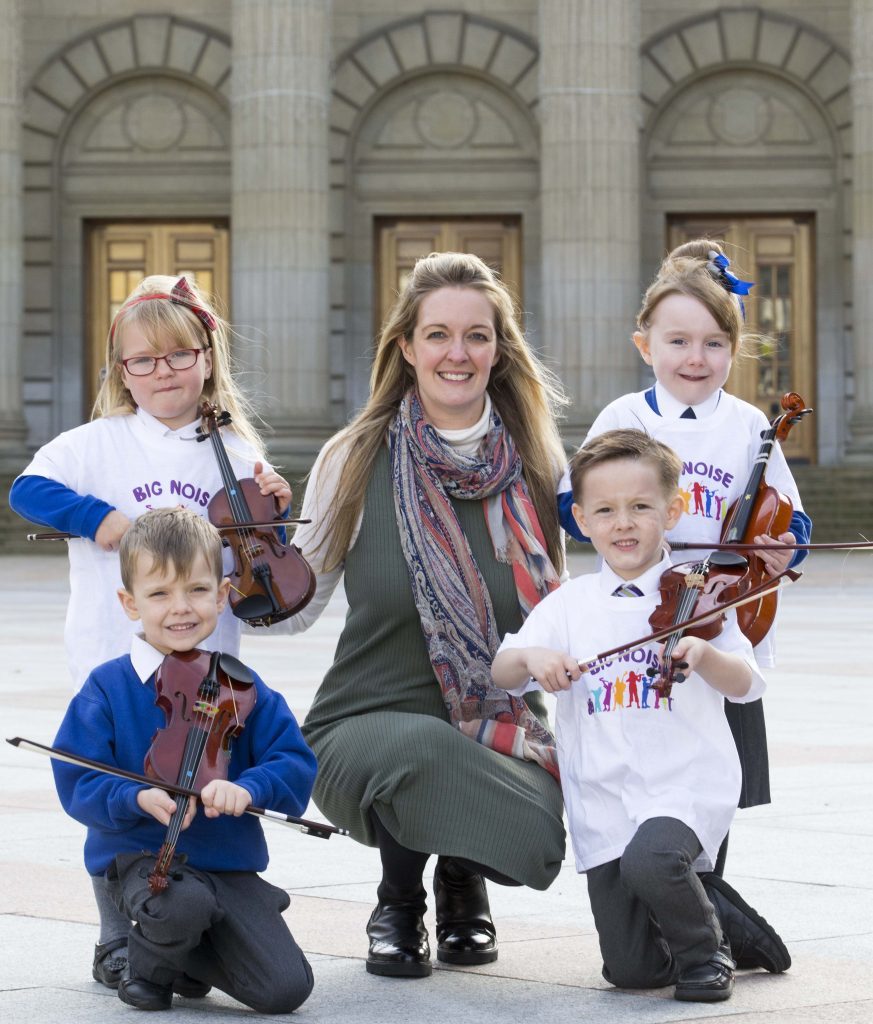 The launch of Big Noise Douglas partnership agreement in May: Ryan Mackenzie, Bella Riddell, Rhylee Traynor and Caitlyn Bertie with Sistema Scotland chief executive Nicola Killean.