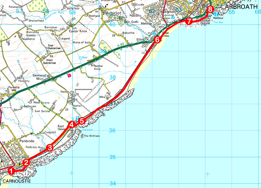 Take a Hike 170 - June 24, 2017 - Carnoustie to Arbroath, Angus OS map extract