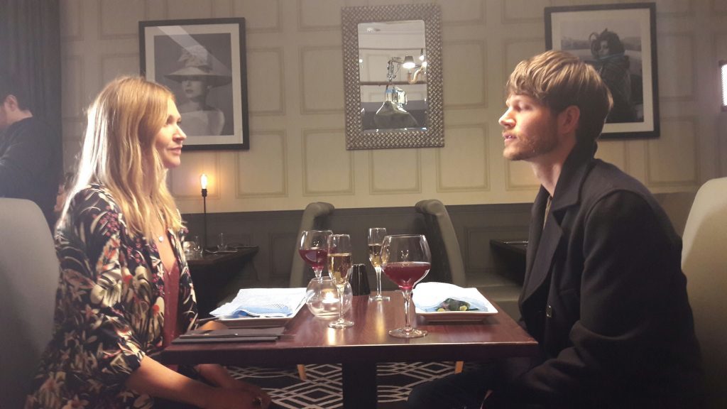The restaurant scene being filmed at The Caird. 'Jack' on the right is joined by his screen girlfriend played by Edinburgh musician and actress Clare Martin