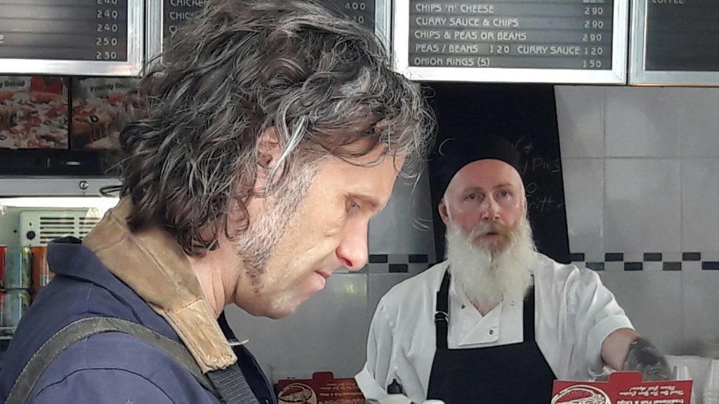 Director Martin Smith with actor Dave Dixon at Murray's chip shop in Broughty Ferry