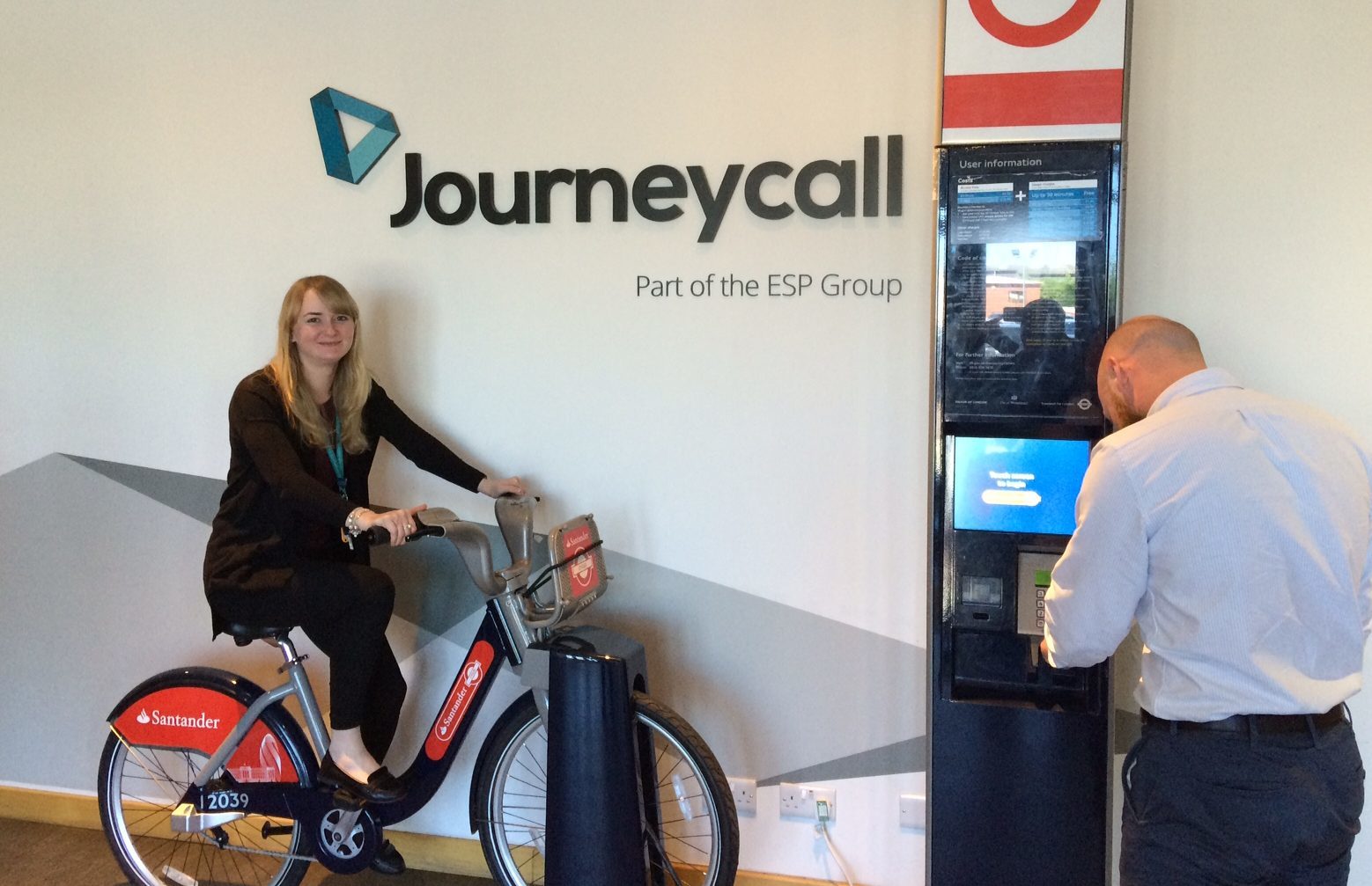 Office manager Keri McGregor tries out one of the bikes and a docking station that found its way to Journeycall’s premises in Arbroath