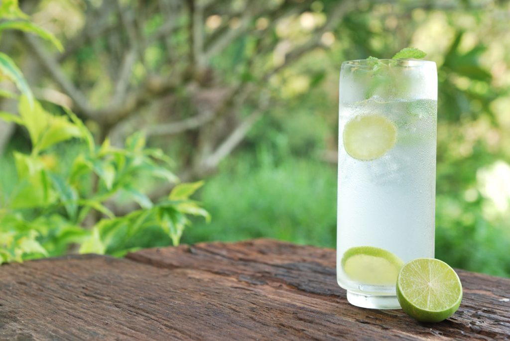 Full glass of fresh cool tonic with lime fruits