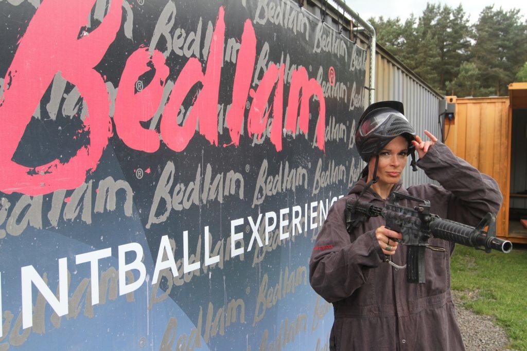 Gayle in her gear at Bedlam Paintball.