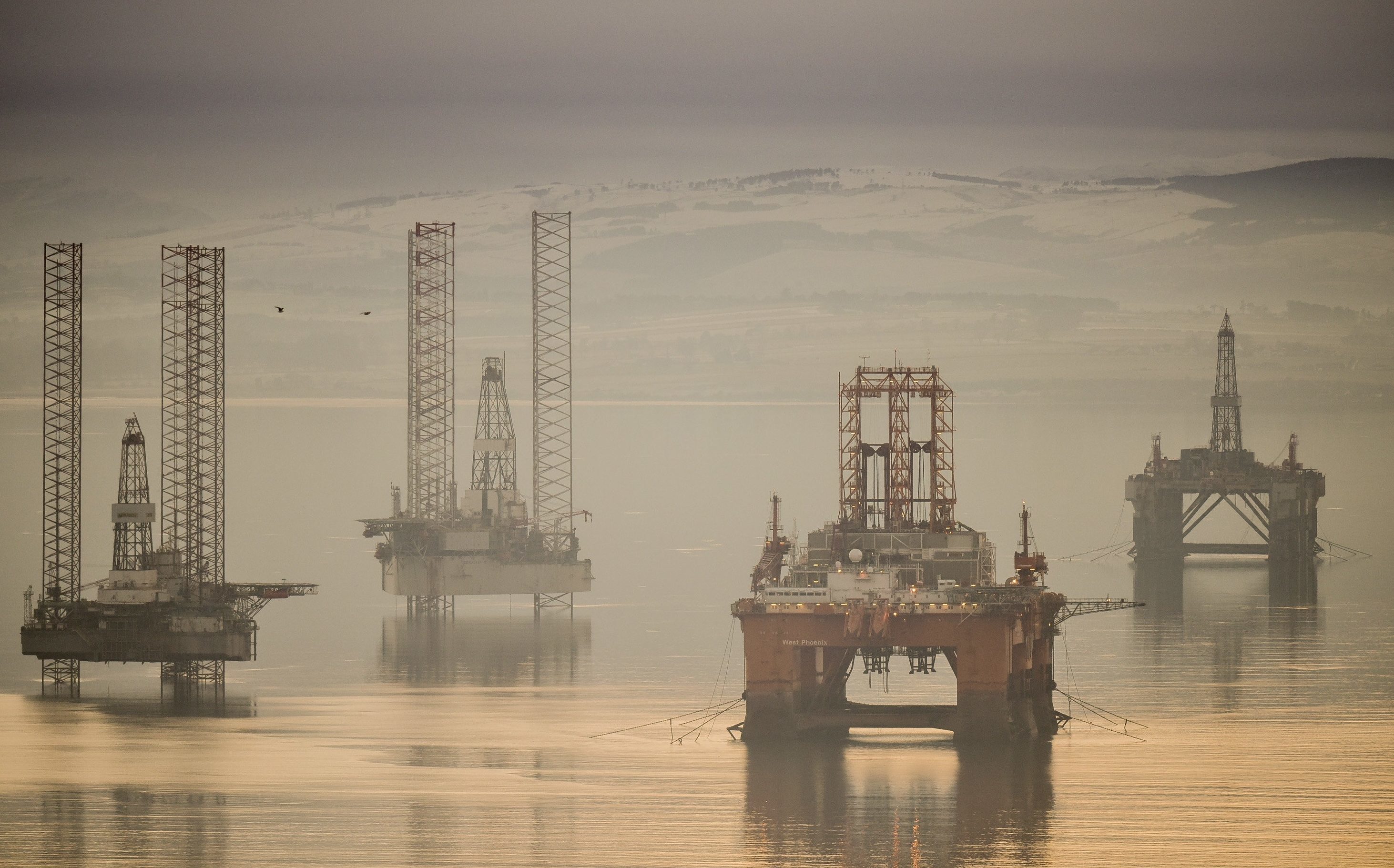 The oil rig graveyard in the Cromarty Firth near Invergordon, Highland.
