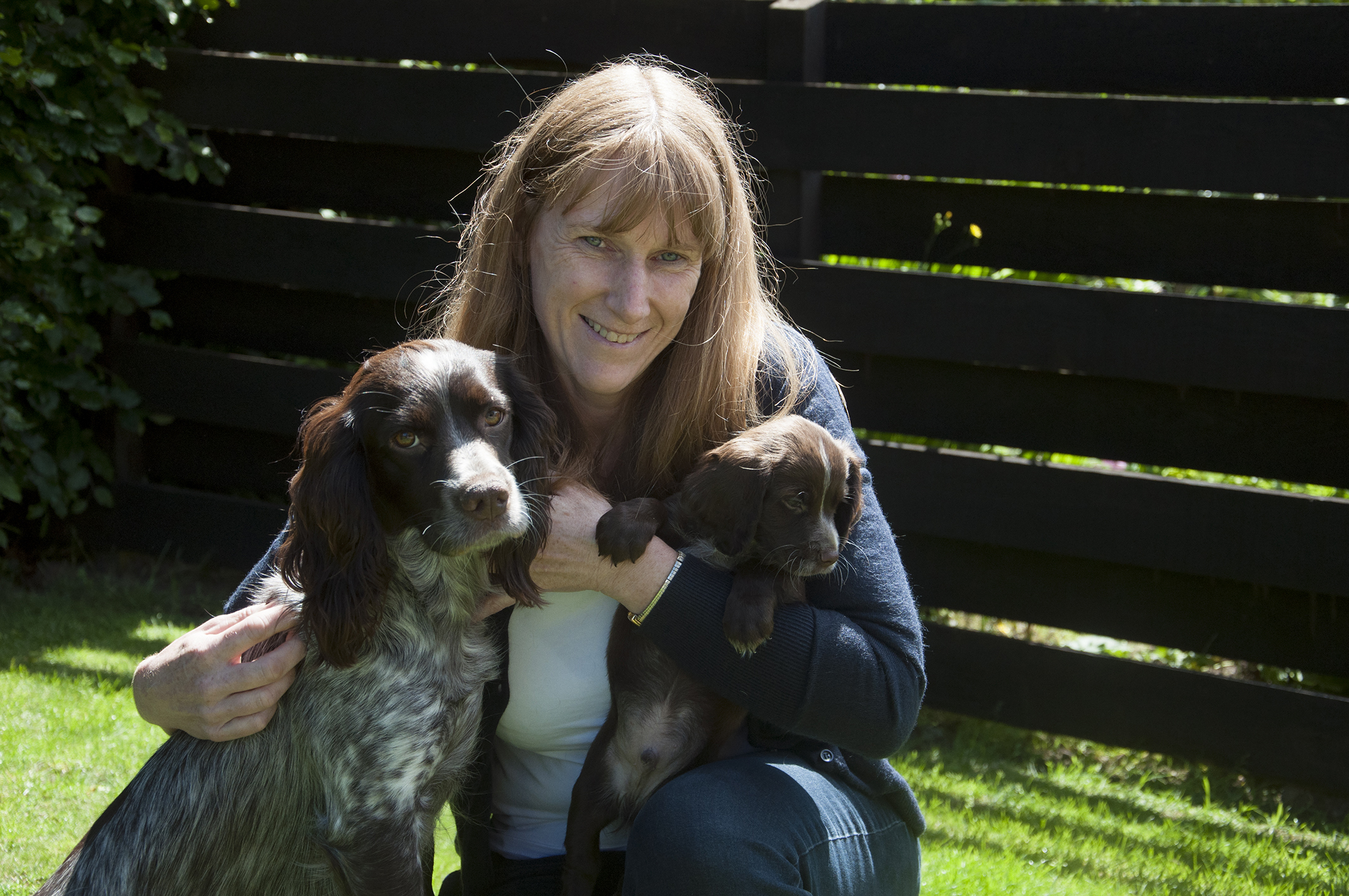 Jacqui Low with her dog, Fern and pup Antis before he went to Bravehound