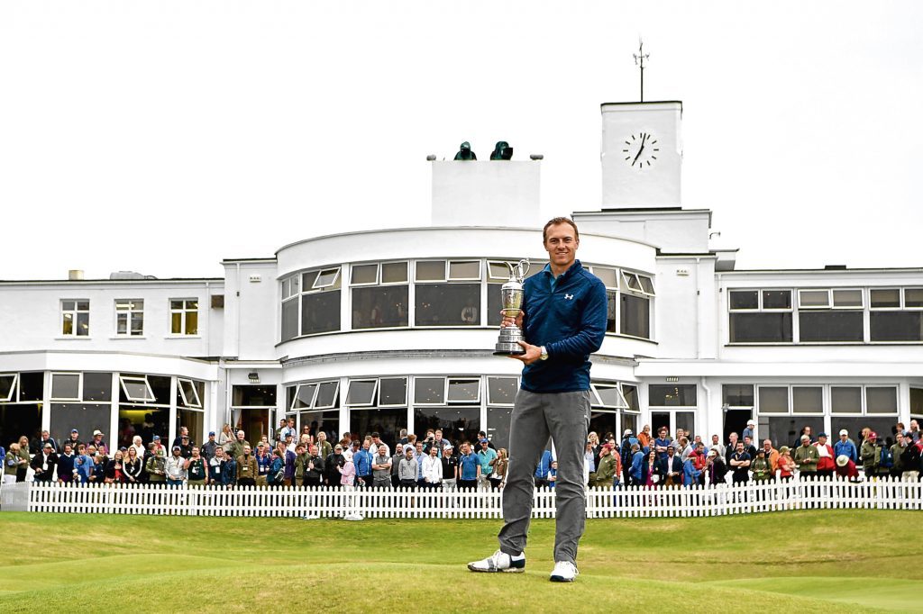 Jordan Spieth with the Claret Jug in front of Royal Birkdale's famous art deco clubhouse.