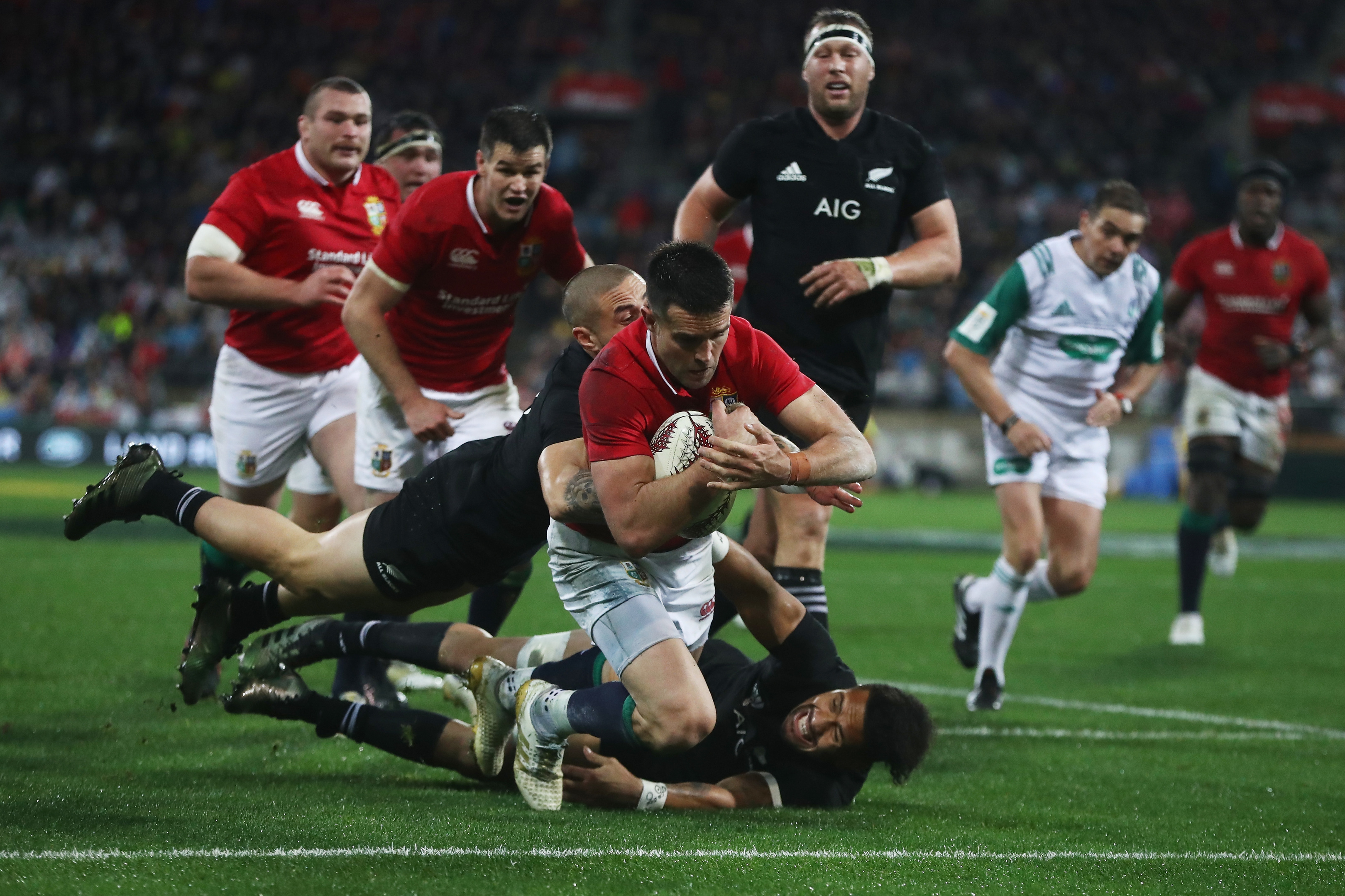 Conor Murray scores the Lions' key second try in their win over New Zealand in Wellington.