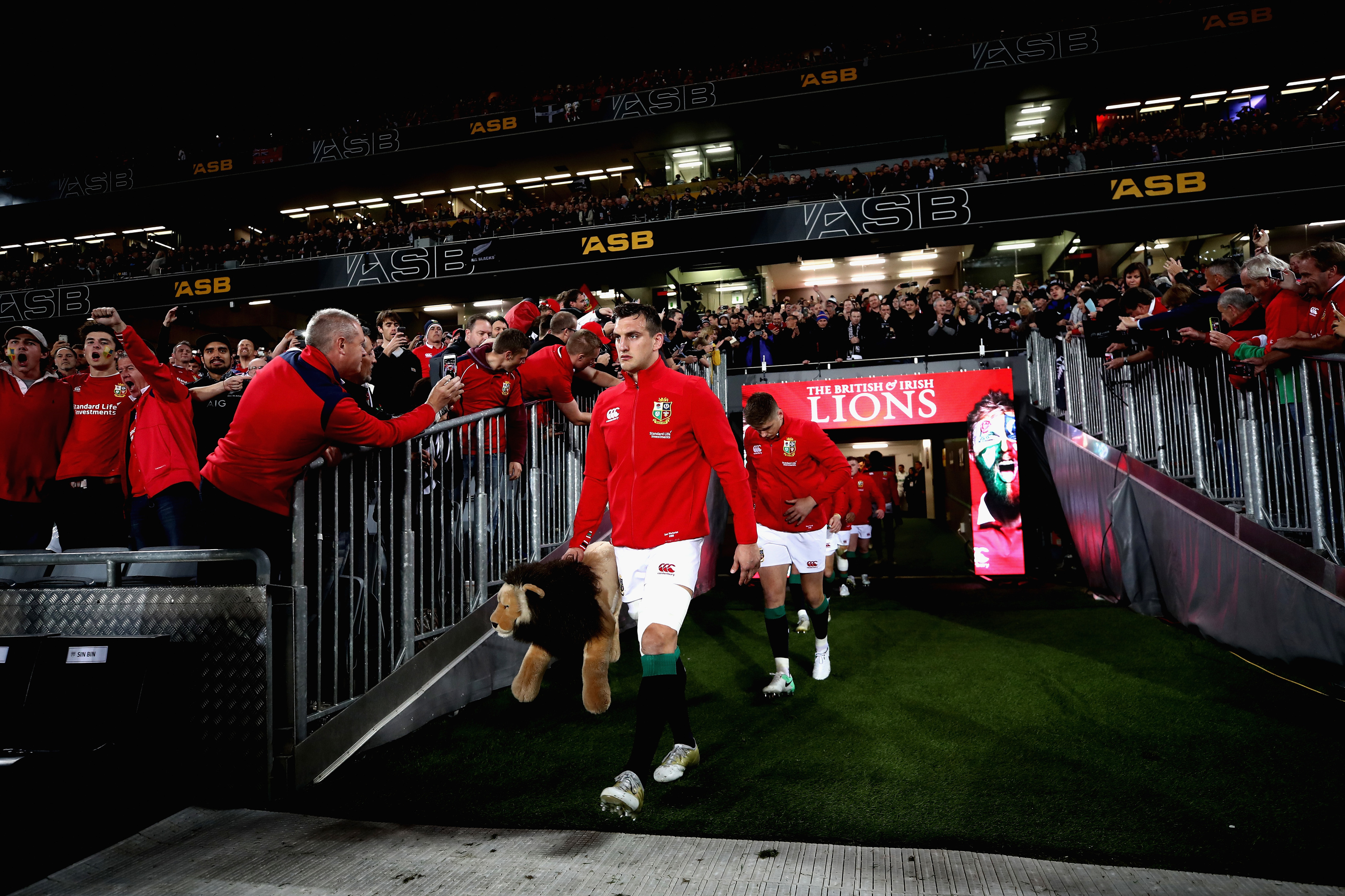 Sam Warburton leads the Lions out for the third test in Auckland.