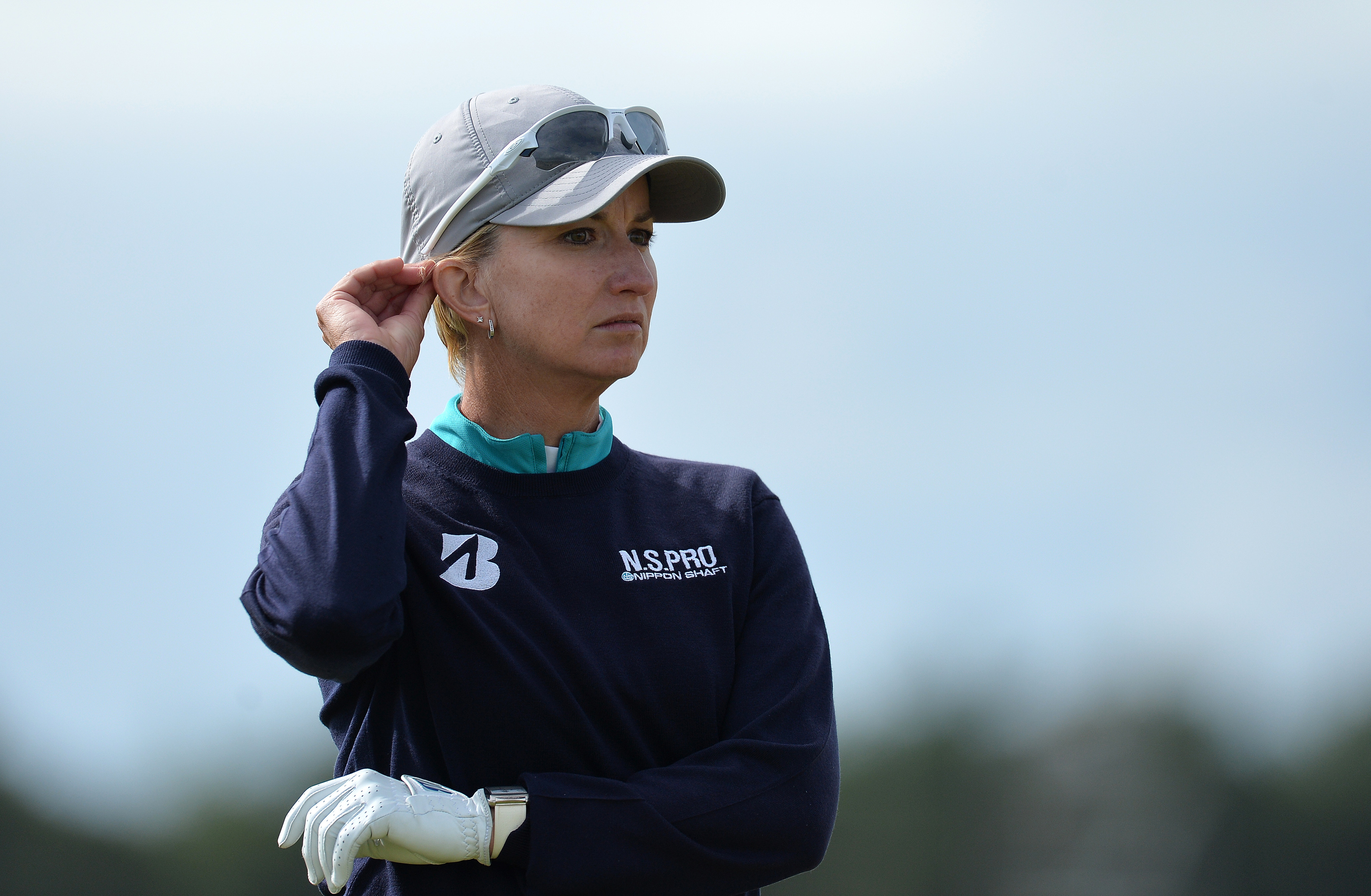 Karrie Webb waits to play at the 17th hole during the first day of the Aberdeen Asset Management Ladies Scottish Open at Dundonald Links.
