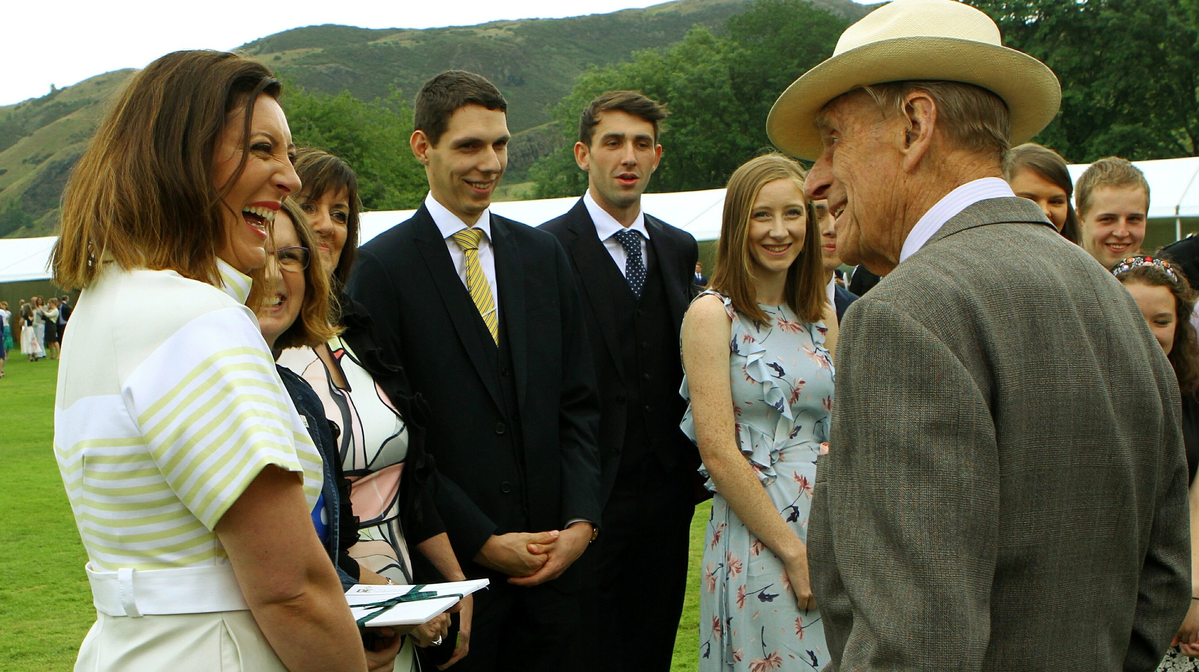 The Duke of Edinburgh chats with BBC news presenter Catriona Shearer