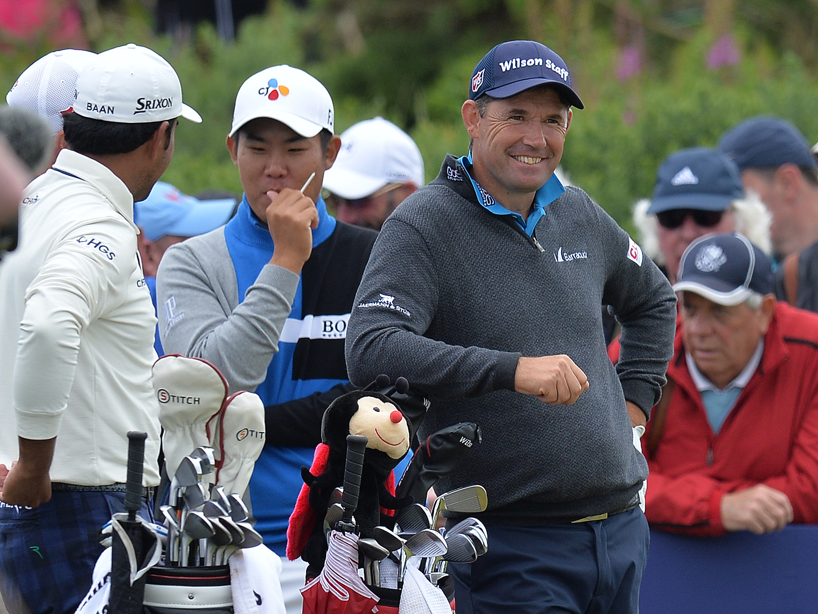 Padraig Harrington shares a joke at the 5th tee during day two of the 2017 Aberdeen Asset Management Scottish Open.