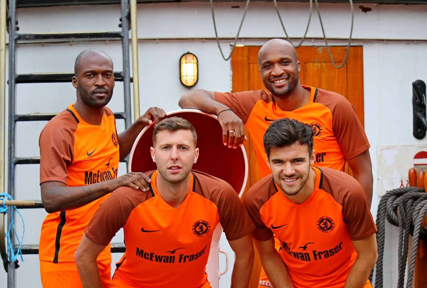 Patrick N'Koyi, Lewis Toshney, William Edjenguele and Scott Fraser in the new kit. Pic: Dundee United FC.