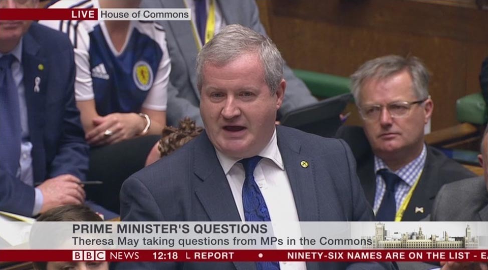 Hannah Bardell's Scotland top was visible as the SNP's Westminster leader Ian Blackford put questions to the Prime Minister.