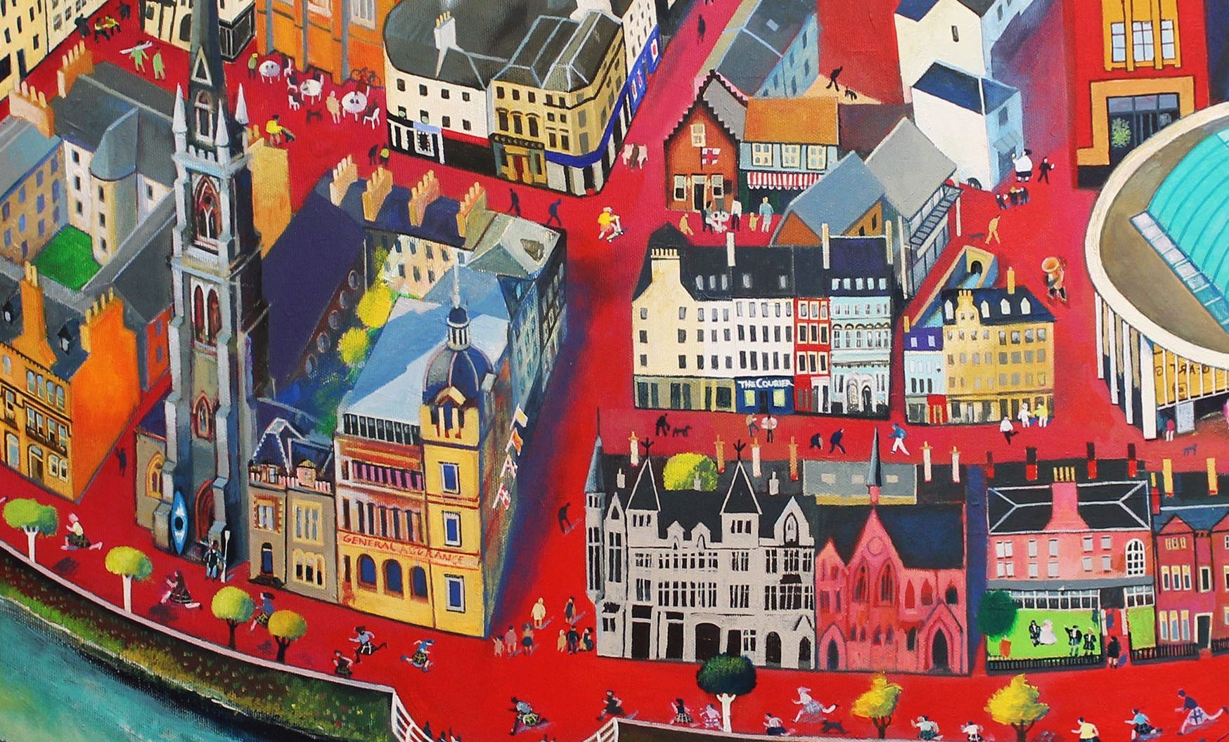 Part of the painting by Rob Hain showing the Courier office and Rev Scott Burton